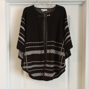 White House Black Market Womens Poncho Sz  XS Black White Faux Leather Trim Cozy